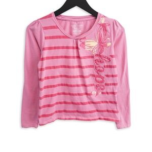 Faded Glory Long Sleeve Shirt Girls XL 14-16 Pink Striped Butterfly Casual